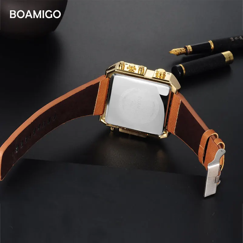 BOAMIGO brand men sports watches 3 time zone big man fashion military LED watch leather quartz wristwatches relogio masculino