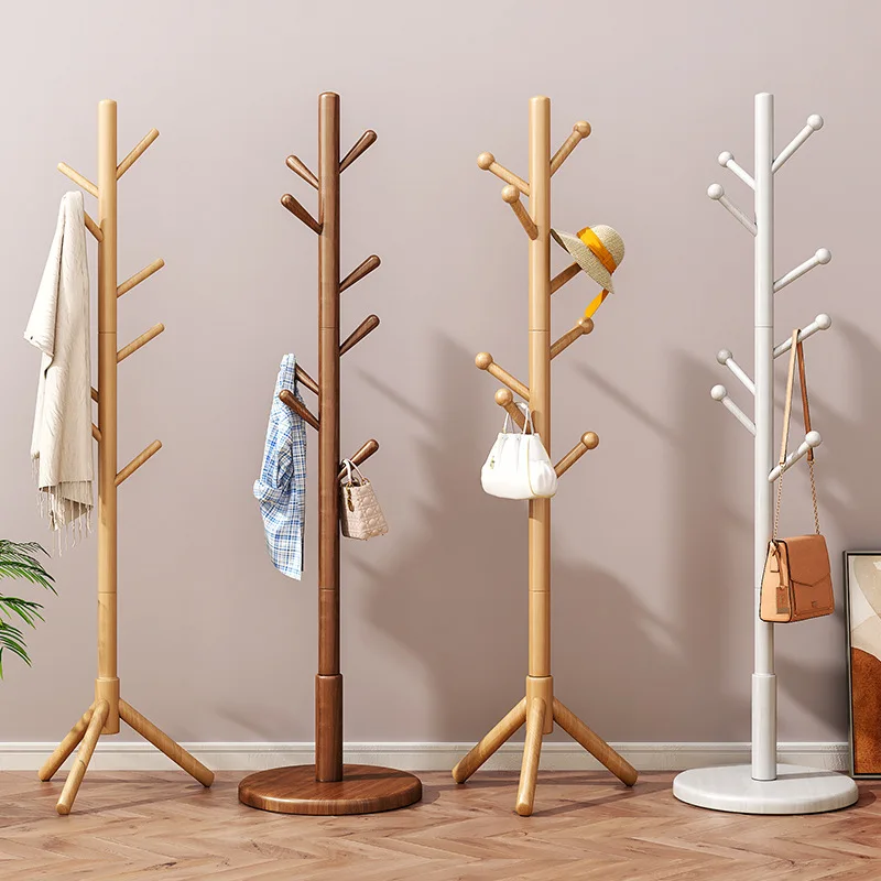 Solid Wood Coat Rack Floor Bedroom Hanger Household Vertical Clothes Clothes Pole Office Indoor Autumn and Winter Pannier Bag