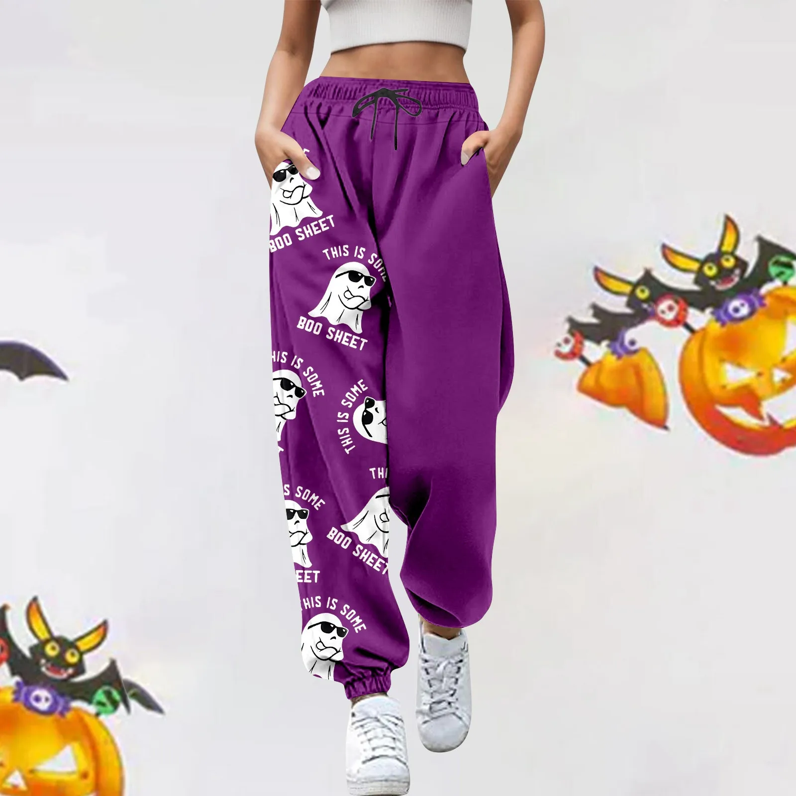 2024 New Halloween Cute Little Ghost Print Women's Loose Sports Versatile Elastic Trousers Nine-Point Pants Autumn Trousers