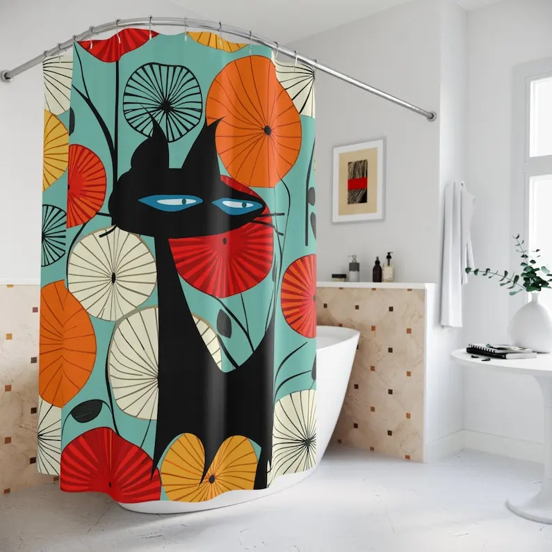 Atomic Cat Abstract Lotus Shower Curtain, Vintage Style Mod Geometric Design in Teal, Orange, Red and Yellow