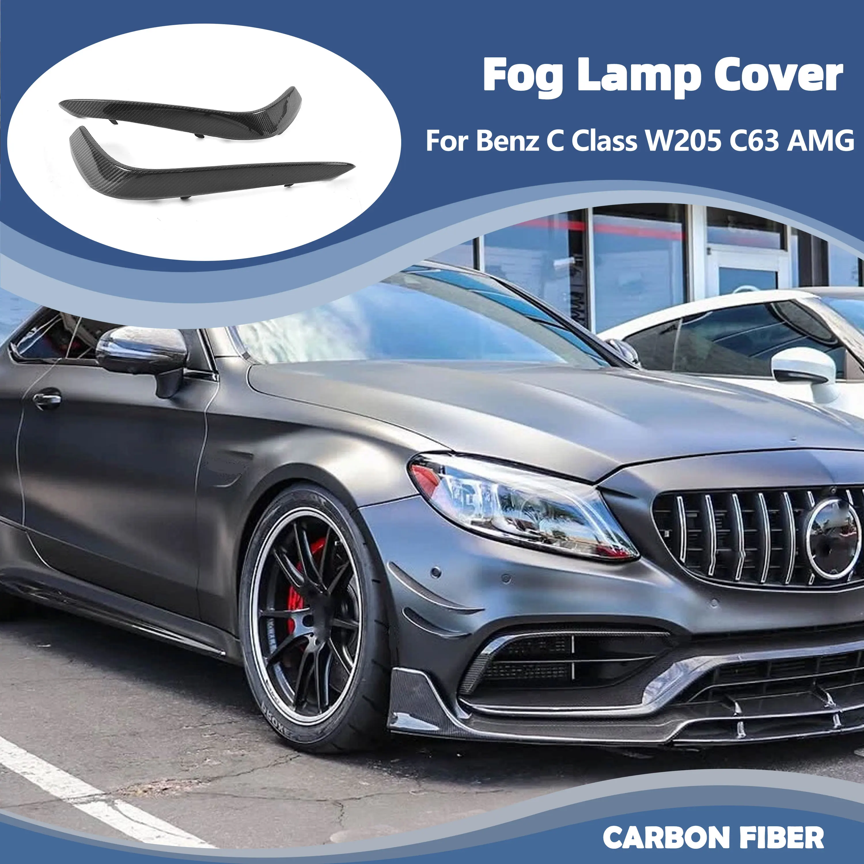 

Front Bumper Fog Lamp Mesh Mask Trim for Mercedes Benz C Class W205 C63 AMG 2015-2017 Carbon Fiber/FRP Front Canards Cover Fins