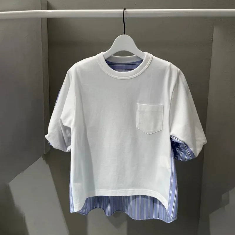 Niche 2024 spring and summer new two-color striped round neck splicing bubble sleeve T-shirt top woman y2k