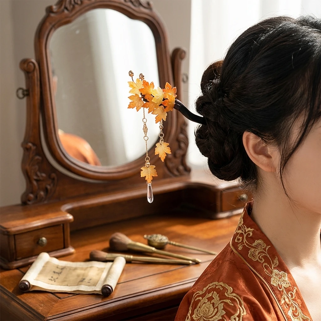 Neo Chinese Maple Leaf Hairpin Light Luxury Resin Maple Leaf Tassel Hair Stick Elegant Wooden Hairpin Jewelry Hair Accessories