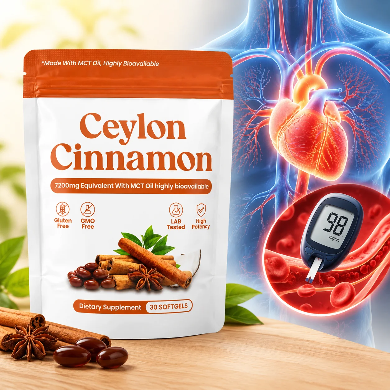 7200mg Equivalent Ceylon Cinnamon Softgels Blood Sugar Support Glucose Metabolism Cardiovascular Health 30pcs for The Elderly