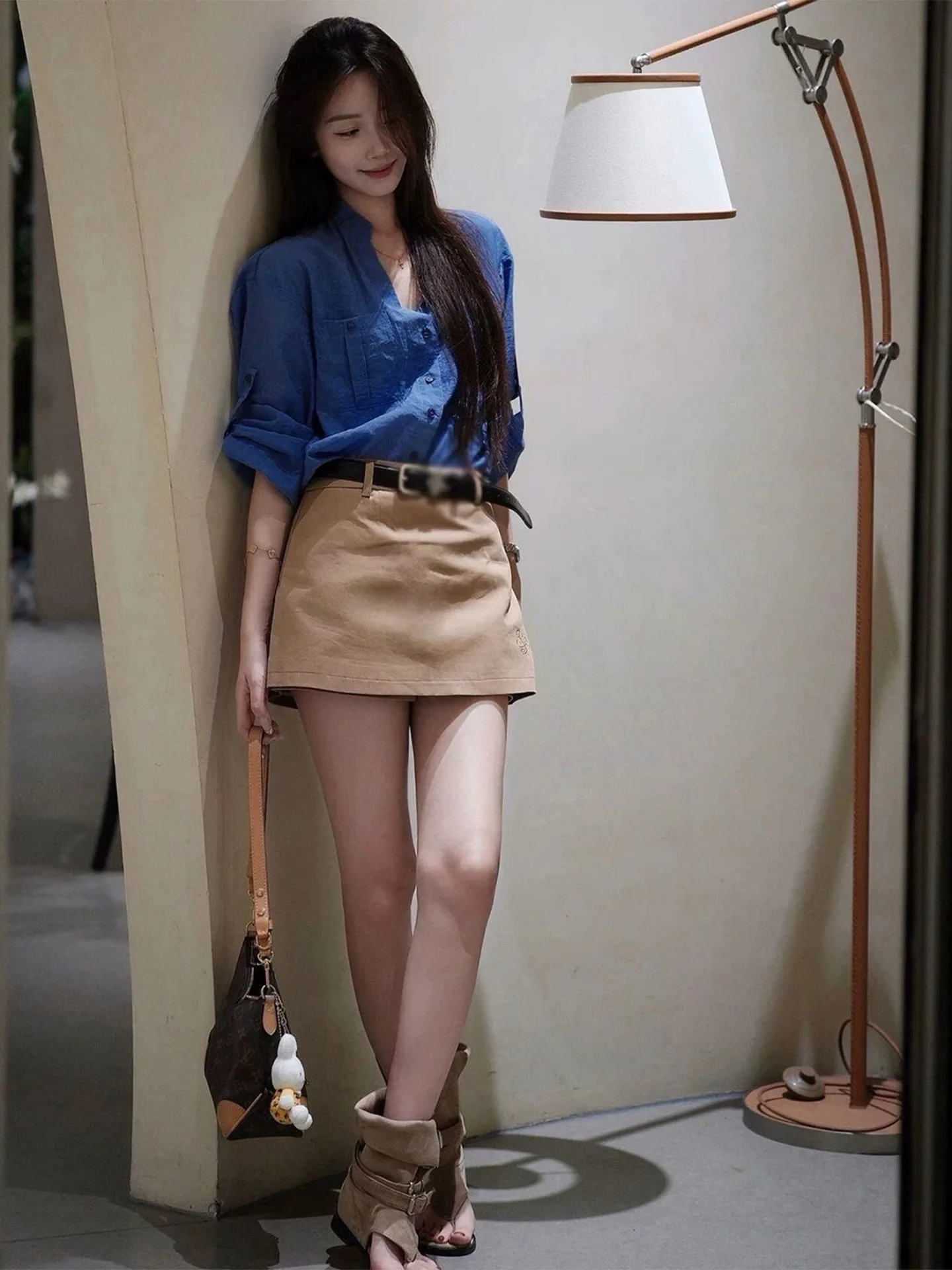 Klein Blue Long Sleeve Women's Shirt Set Korean Style High Waist Short Skirt Fashionable Autumn Outfit Casual Commute Suitable