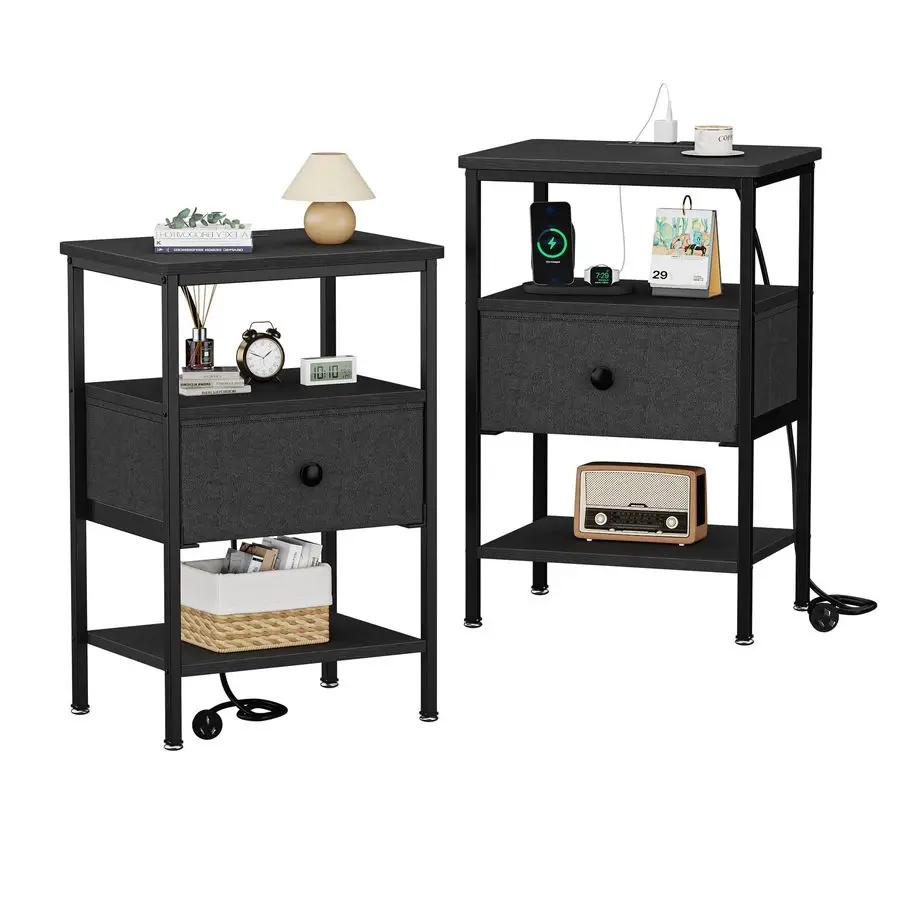 

Тумбочки с зарядной станцией, набор из 2 шт., прикроватные тумбочки с полкой для хранения, тканевый ящик, торцевые столики для спальни, гостиной,