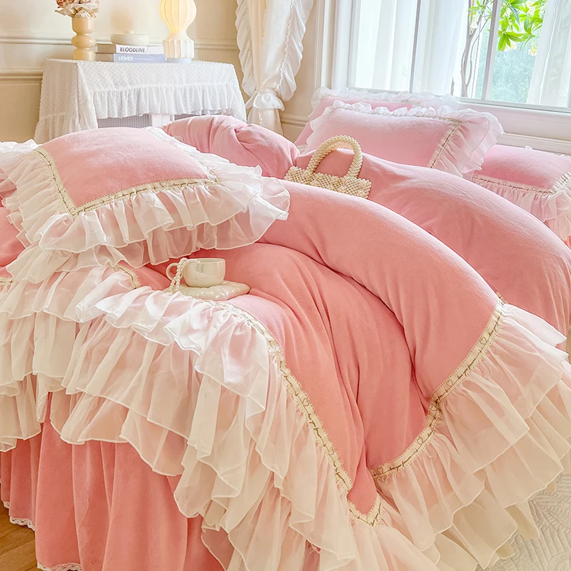 4Pcs Korean Princess Style Winter Thick Warm Milk Velvet Bedding Set Three-layer Lace Ruffles Duver Cover Bed Skirt Pillowcases