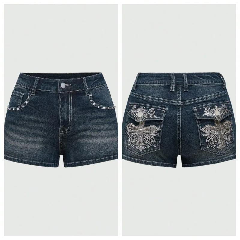 

Summer Korean Sexy Low Waist Women Denim Short American Lady Y2K Elastic Slim Cotton Hot Jorts Female Embroidery Wrapping Jeans