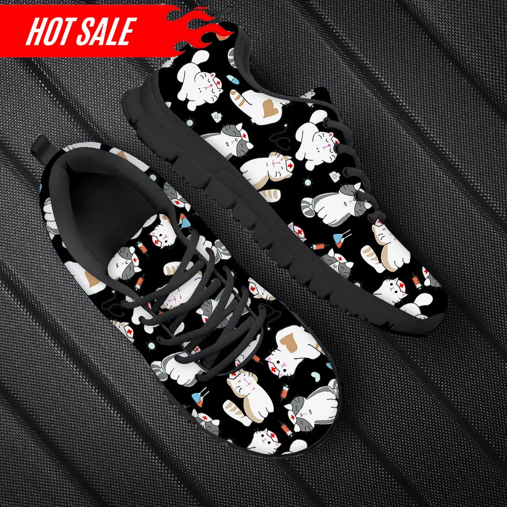 Women Nurse Sneakers Cartoon Cat Veterinary Print Lightweight Mesh Flats Ladies Casual Winter Cute Nursing Shoes New