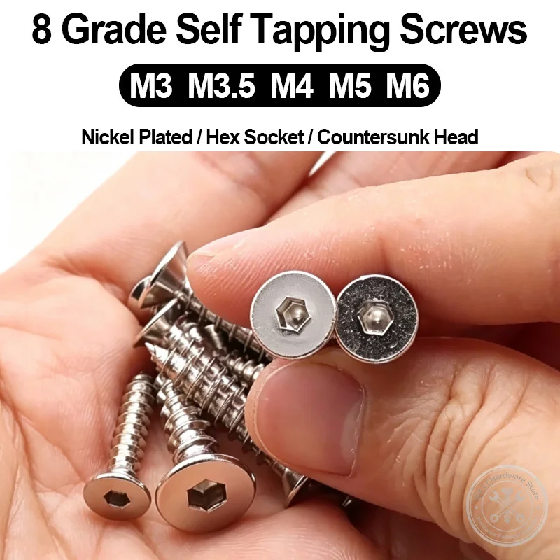 M3 M3.5 M4 M5 M6 Hex Socket Countersunk Self‑Tapping Screw Grade 8 Hardened Nickel‑Plated Carbon Steel Wood Screw Fastener