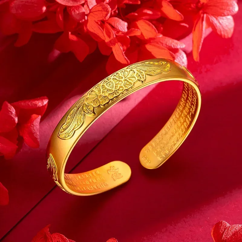 

9999 Real Gold 24K Heart Sutra Bracelet, Gold Version Retro Women's Pearl Metalworking Premium Peony Bracelet
