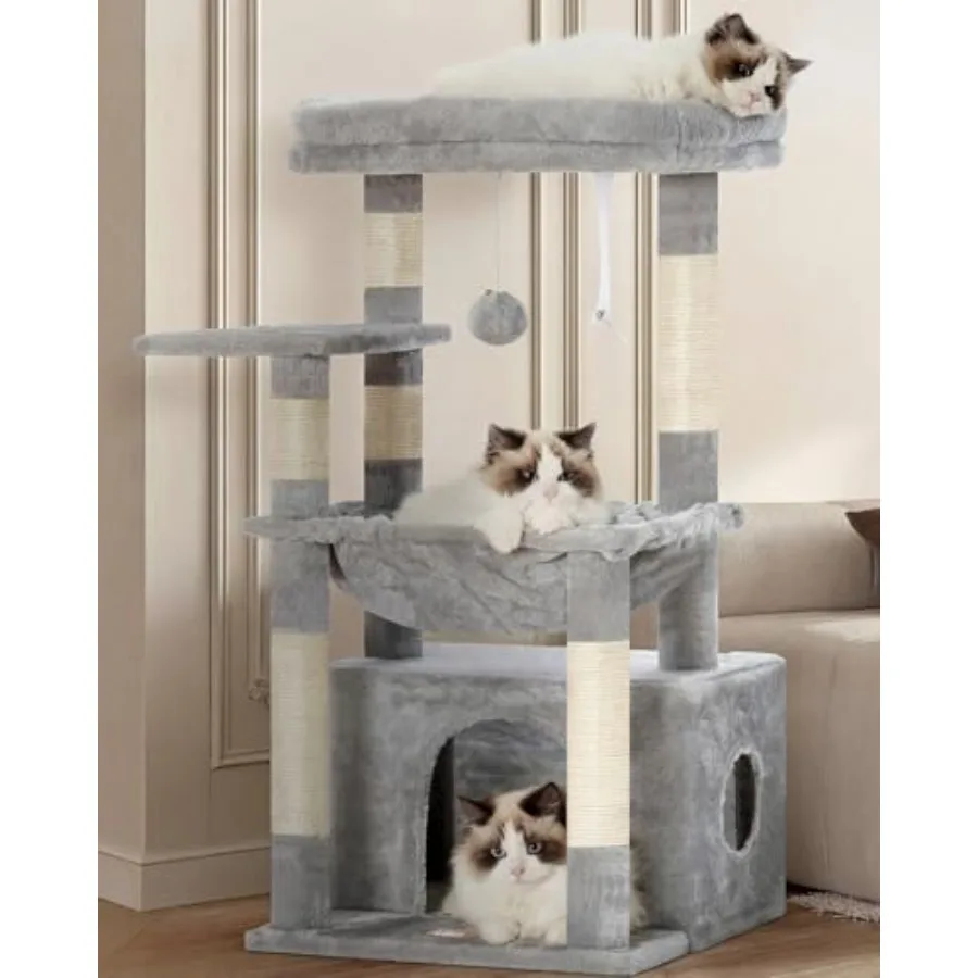 

Cat Tree Kitten Tower with Large Soft Cat Basket Cat Condo with Spacious Cat Bed Cave with Hidden Space Sisal-Covered Scratchin