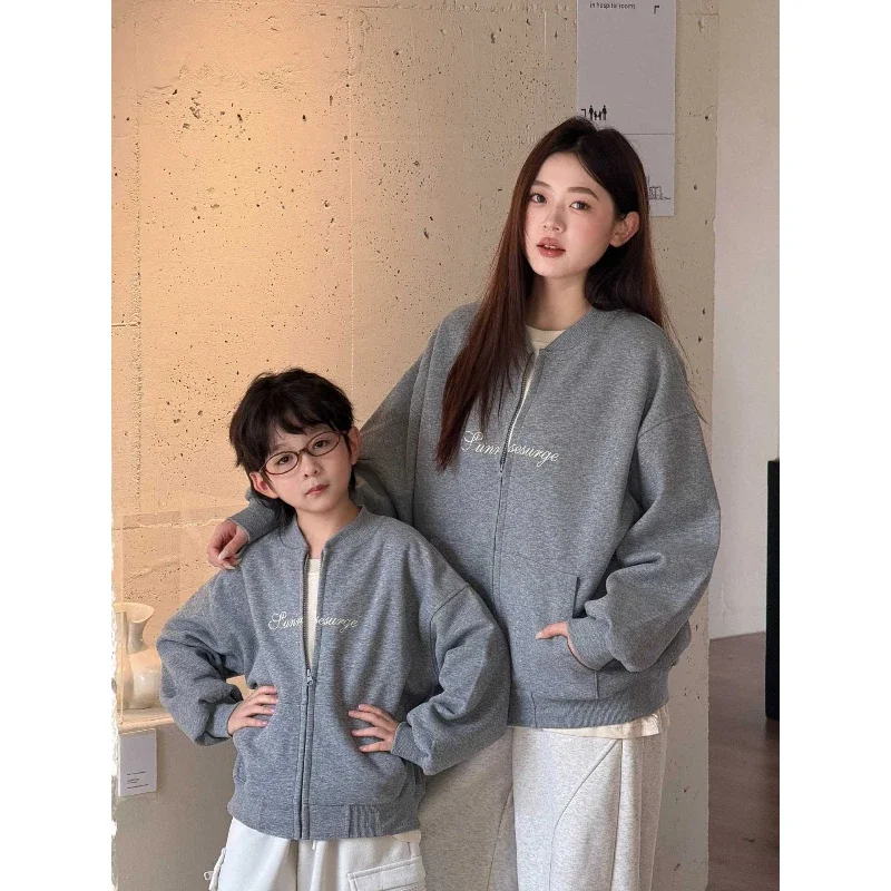 2026 Autumn Family Matching Outfits Mom Dad Son Daughter Solid Cotton Baseball Jacket Father Mother Parent-child Zip Up Coat 5