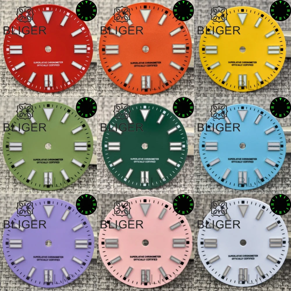 

BLIGER 29 мм красный/оранжевый/желтый/зеленый/синий/фиолетовый/розовый/белый глянцевый циферблат со светящимся механизмом NH35NH36 Miyota8215 ETA2824