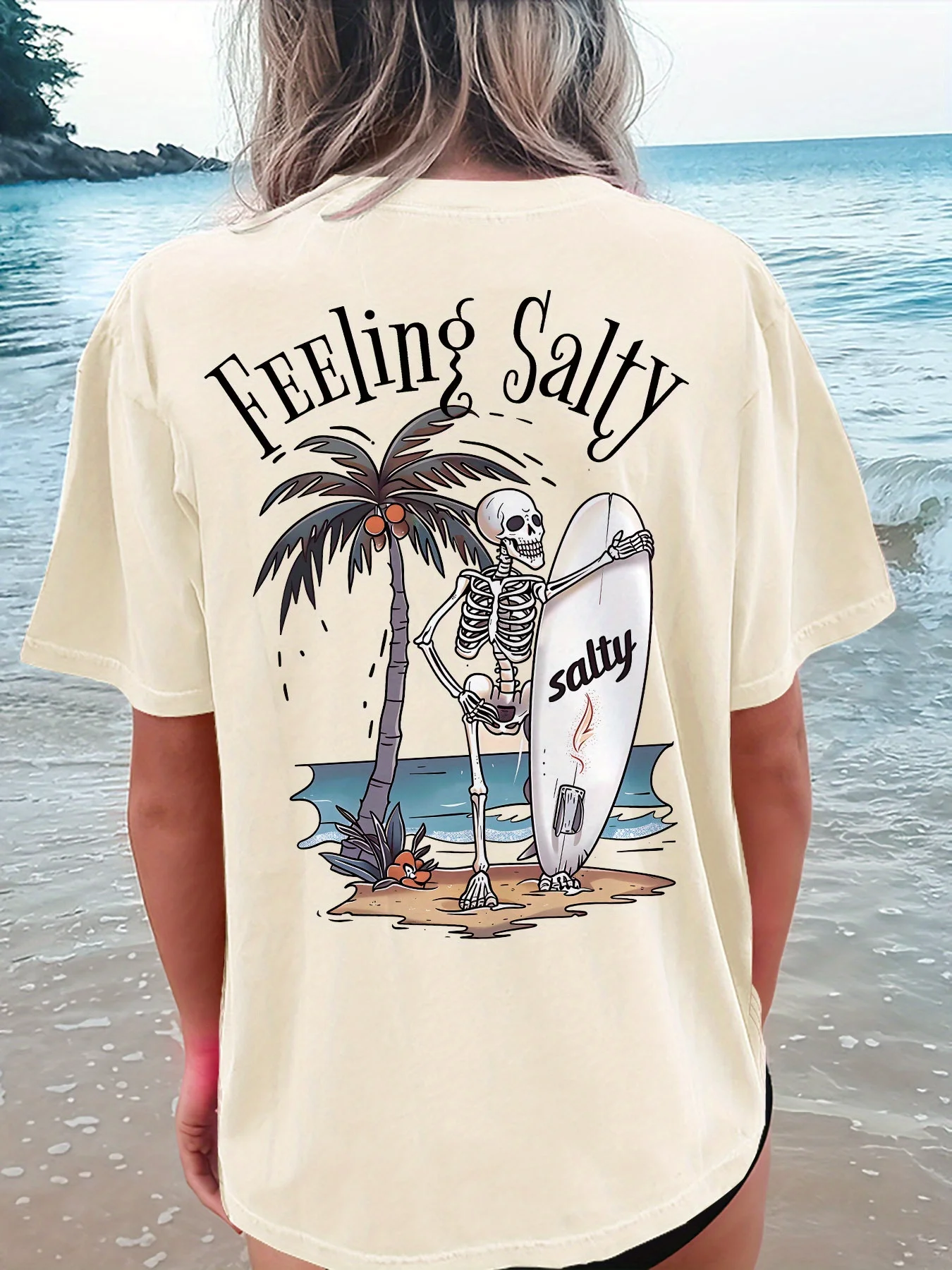 

Salty Feeling Printed T-shirt Skull and Palm Trees Graphic Tee Summer Short Sleeve T-shirt Vacation Casual Wear Unisex Tops Tees