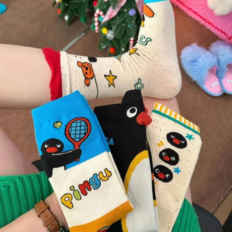 4 Pairs Kawaii Pingu Mid Tube Socks Women's Cute Cartoon Autumn Winter Casual Breathable Soft Versatile Fashionable Girl Socks