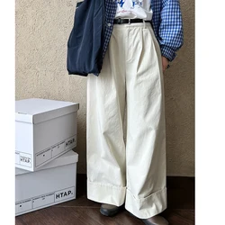 Kobiety Jesień Szerokie nogawki Materiał bawełniany Spodnie Wysoka talia Vintage Białe spodnie Pantalones Moda Odzież Spodnie Spodnie damskie