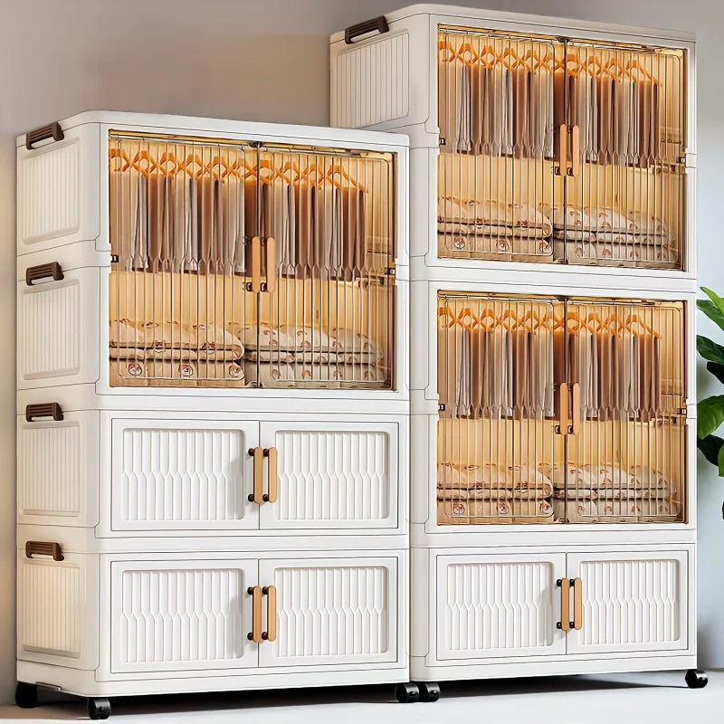 

Upgraded 55cm/21.65" Large Capacity Foldable Storage Box with Lid, 2/3 Tier Stackable Storage Cabinet with Magnetic Doors, Porta