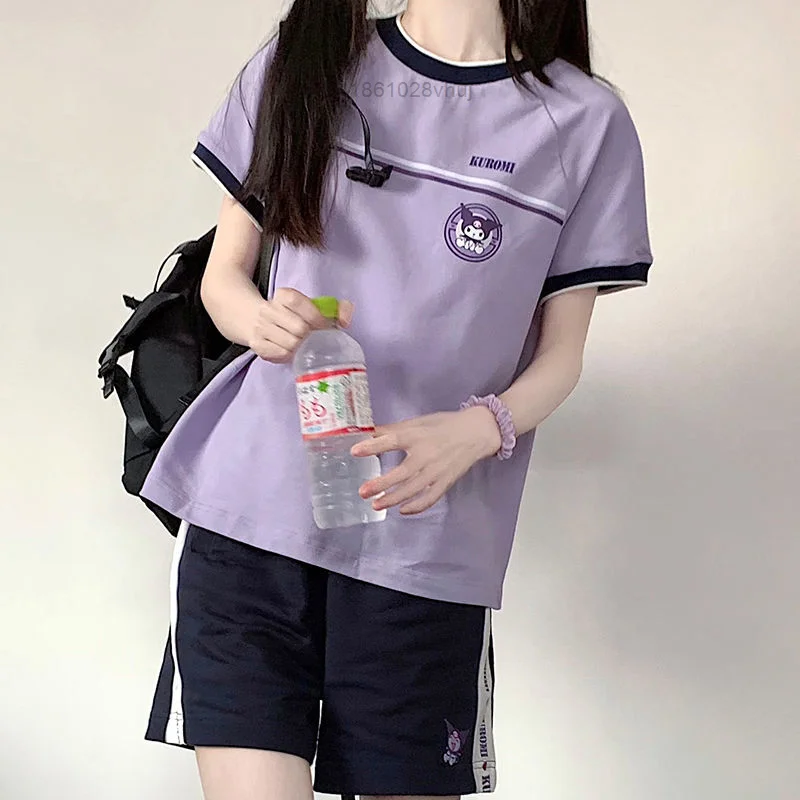 

Sanrio Kuromi Print Clothes Short Sets Summer Gymnastic Short Sleeved T-shirt Loose Y2k Outfit Japanese Soft Girl JK Uniform