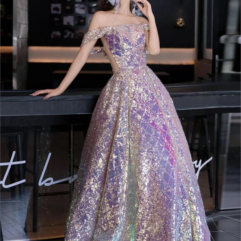 One-shoulder sequined plus-size birthday toast dress Slimming