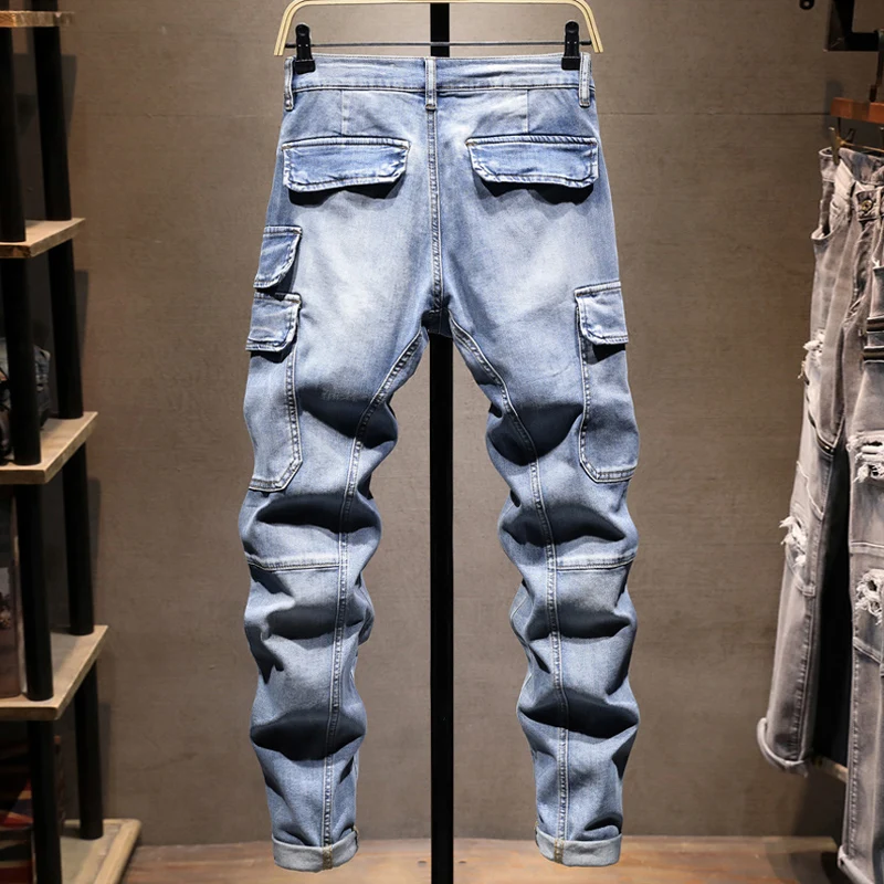 الشارع مصمم الأزياء الرجال الجينز الرجعية الأزرق تمتد سليم صالح متعدد جيوب الدنيم البضائع السراويل Hombre تقسم الهيب هوب السائق الجينز