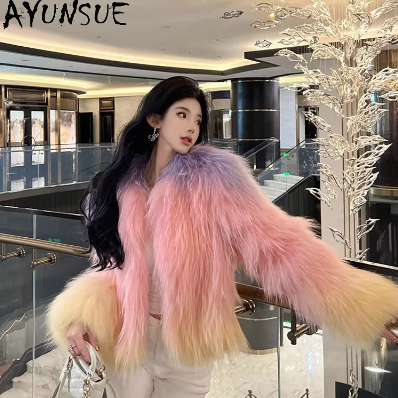 AYUNSUE Płaszcz z futra szopa pracza Damski Kolorowe Okrycie Wierzchnie Długi Rękaw Ciepłe Płaszcze Futrzane Luksusowa Odzież Damska Zimowy Manteau Femme