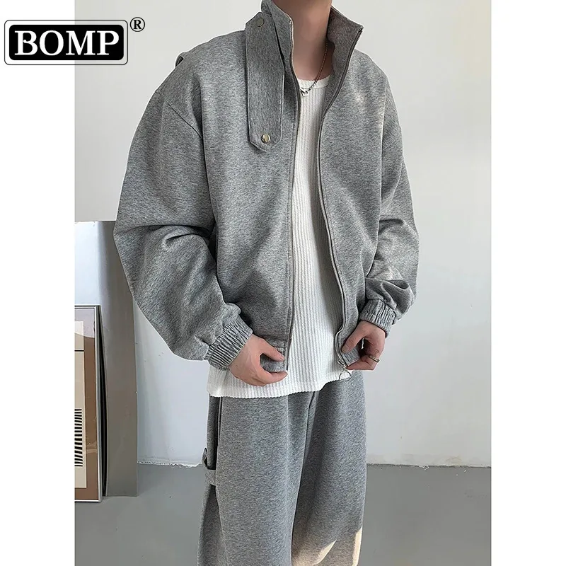 [BOMP] Fashion Niche Stand Up Collar Sports Hoodie Casual Pants Korean Autumn Silhouette Padded Shoulder Jacket Design Sense Set