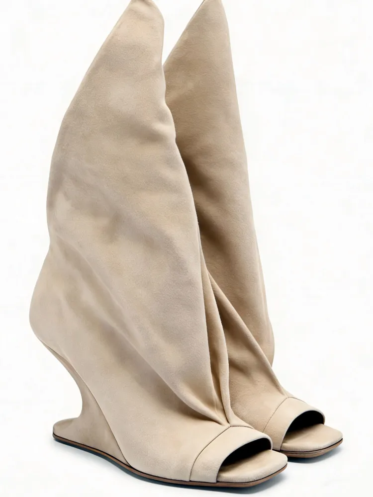 

Women's Slouchy Wedge Boots Hollow Sculptural Heel Open Toe Over-the-Knee Designer Runway Party Dress Shoes Size 35-43