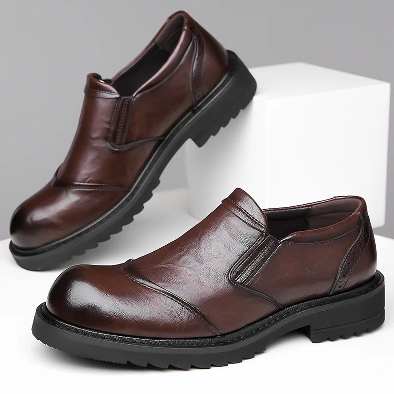 

Деловые мужские кожаные туфли без шнуровки, роскошный стиль, модные уличные черные, коричневые туфли для взрослых на толстой подошве