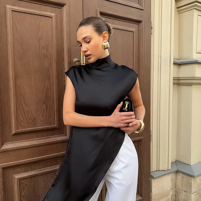 Women Solid Fashion Satin Dress Summer Turtleneck Loose Casual Maxi Dresses Femme High Street Elegant Party Dress Female