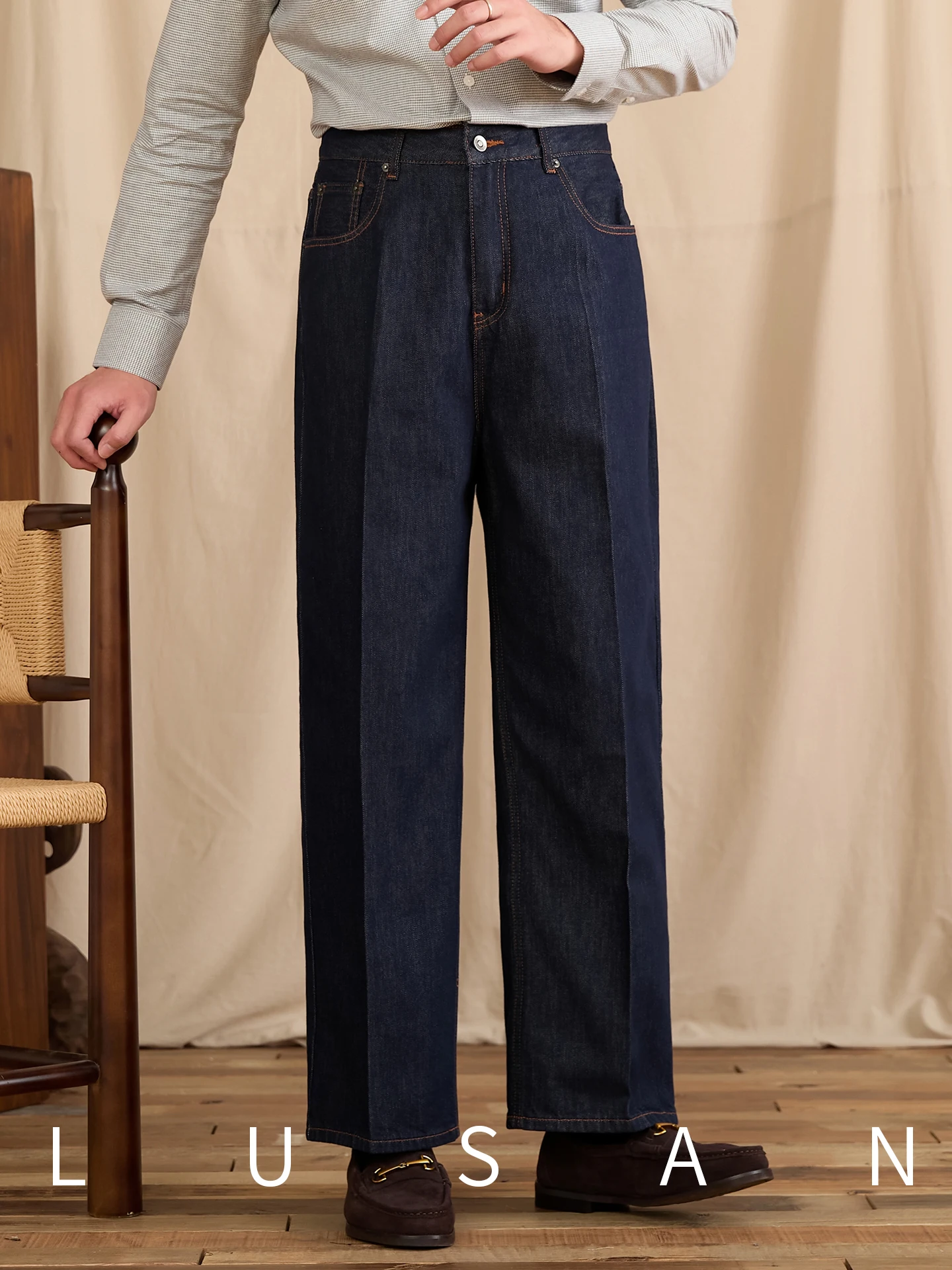 

Мистер Футболка с оленем, прямые джинсы из смеси хлопка в стиле ретро, повседневная универсальная джентльменская одежда, широкие длинные брюки для мужчин