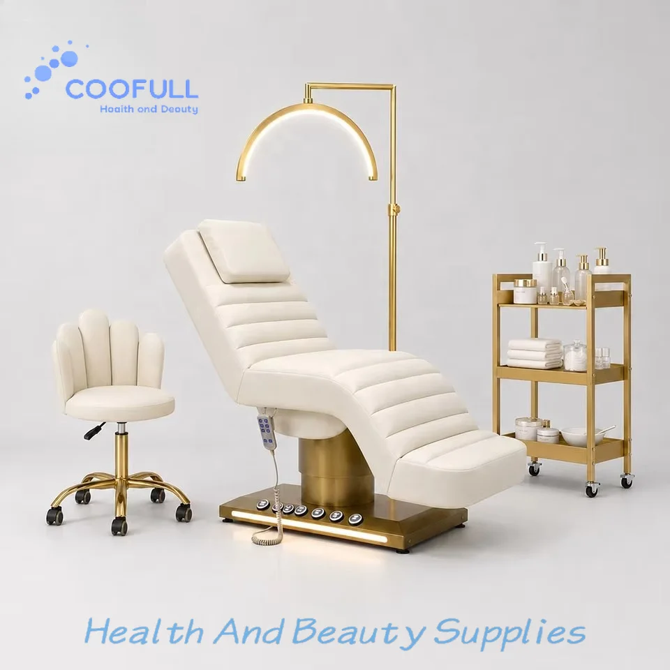 Coofull Beauty Salon Esthetician Furniture Gold Base Curve Facial  Electric Cosmetic Eyelash Bed Luxury Spa Massage Table Lash