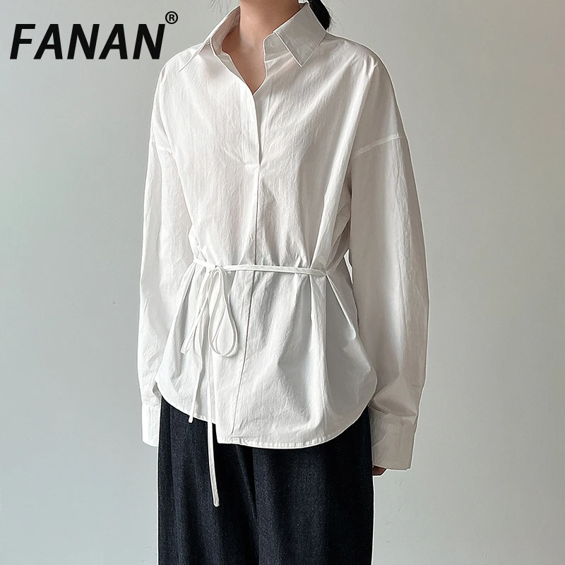 

FANAN Elegant Lace-up Gathered Waist Shirts For Women Lapel Single Breasted Long Sleeve Temperament Blouses 2025 Autumn New