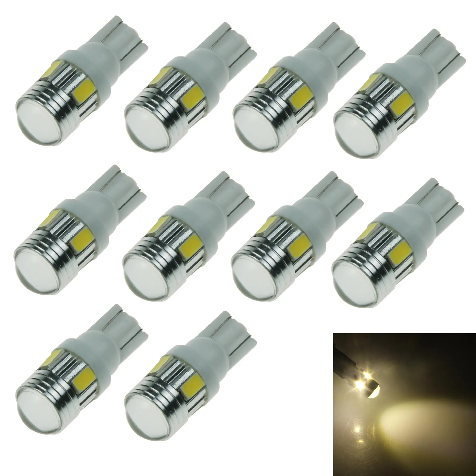 10x Warm white Auto T10 W5W Turn Signal Light Wedge Lamp Lens 6 Emitters 5630 SMD LED 657 1250 1251 A055-WN
