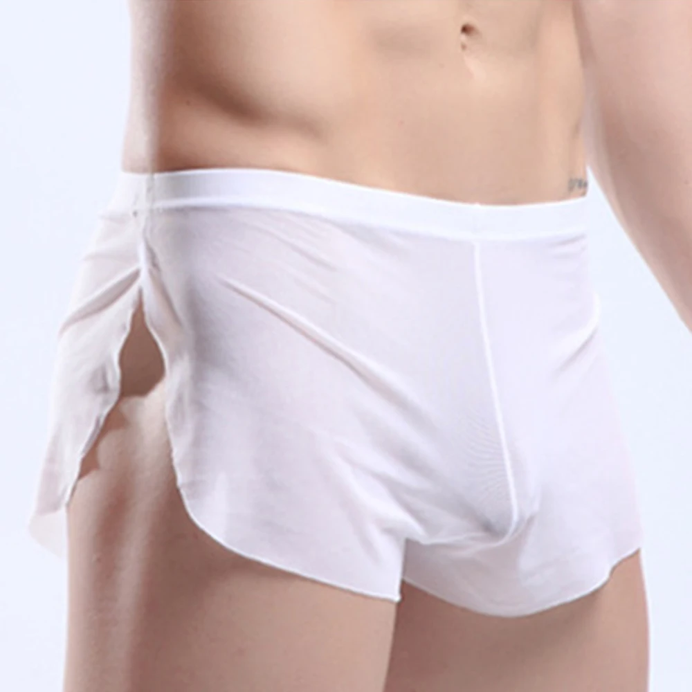 Bóxer de malla ultrafino para hombre, ropa interior Sexy con abertura lateral, calzoncillos cortos