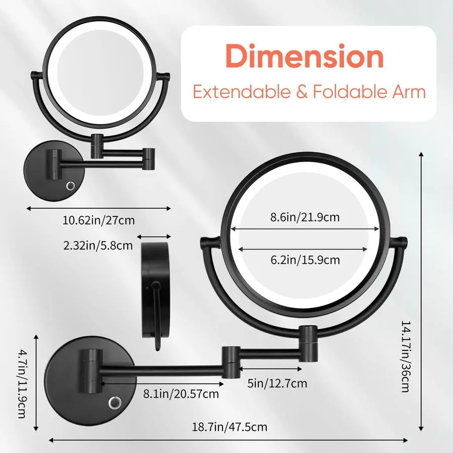 مرآة مكياج سلكية صلبة مثبتة على الحائط مع 3 أضواء LED مرآة مكبرة 10x لغرفة نوم الحمام 13 ذراع قابلة للتمديد مباشرة #5