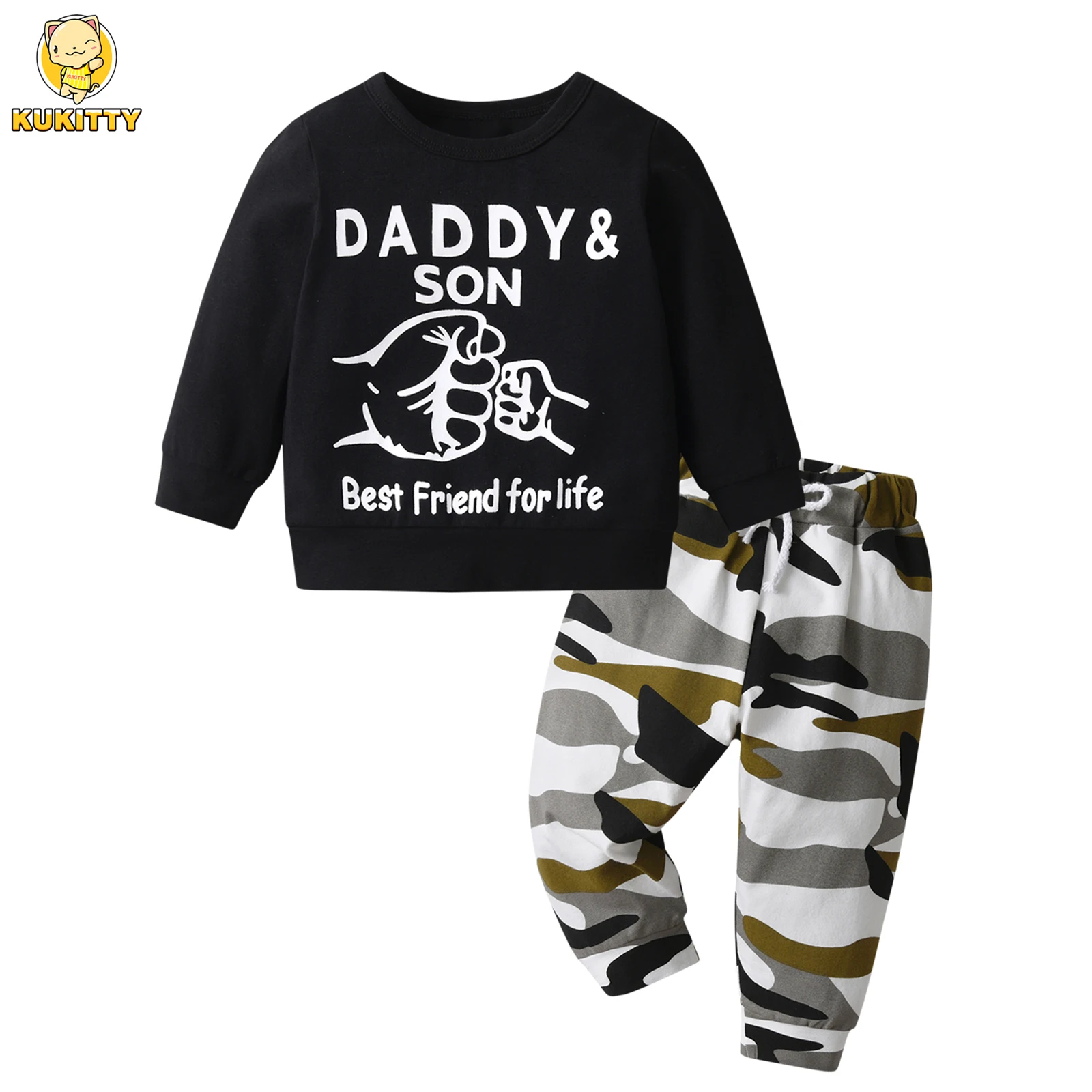 0-2Yrs Baby Boys Long Sleeve Clothes Set New Letters Printed Cotton Toddler Boys Sweatshirt Top + Camouflage Long Pants Outfit