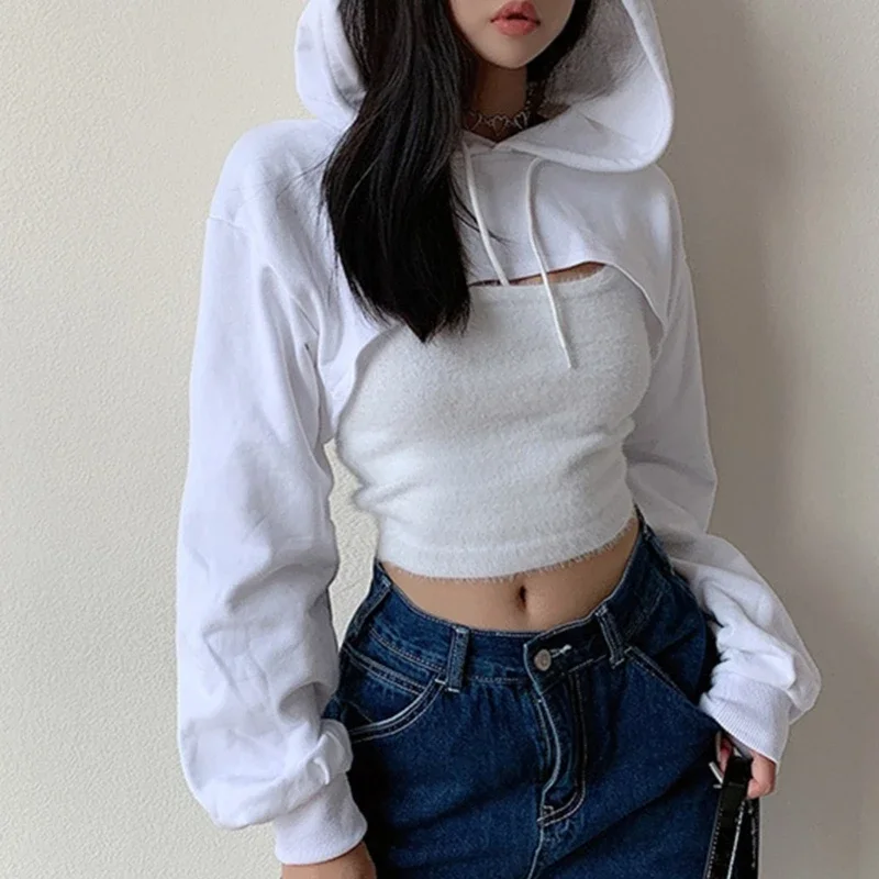 

Womens Long Sleeve Cropped Hoodies Sweatshirt Punk Hip-Hop Dance Plain Sexy Rave Cutout Loose Super Crop Top