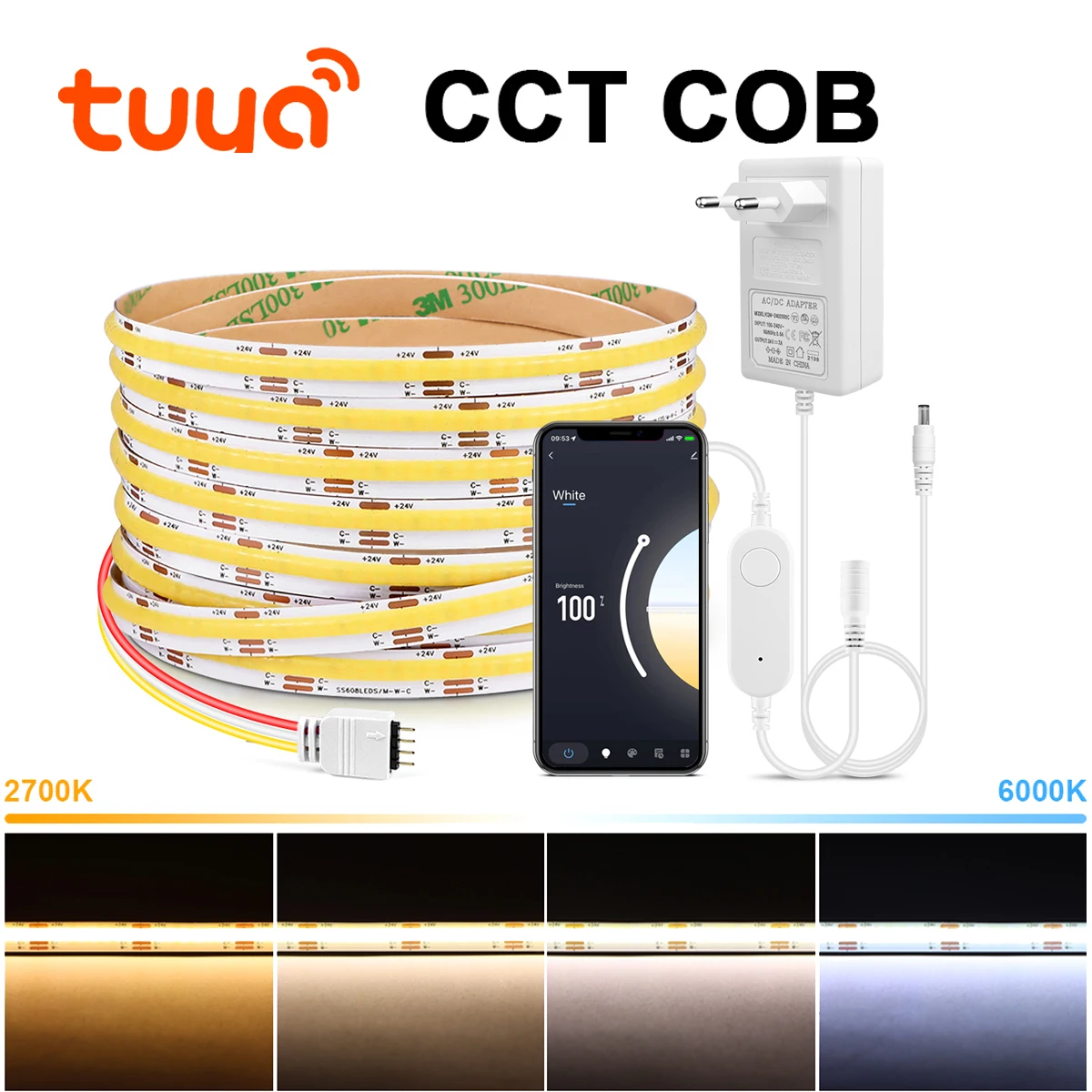 WiFi Dual White COB CCT LED Strip Light 24V 3Color Change Lamp Tape Dimmable Ribbon Work With Tuya Smart Life Alexa Google Home