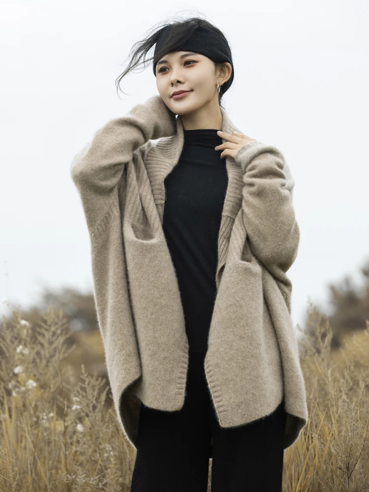 Korean Women Cashmere Sweater 100% Merino Wool Knitted Pure Color Cardigan Thick Drop-Shoulder Sleeve Top 2024 Autumn Winter