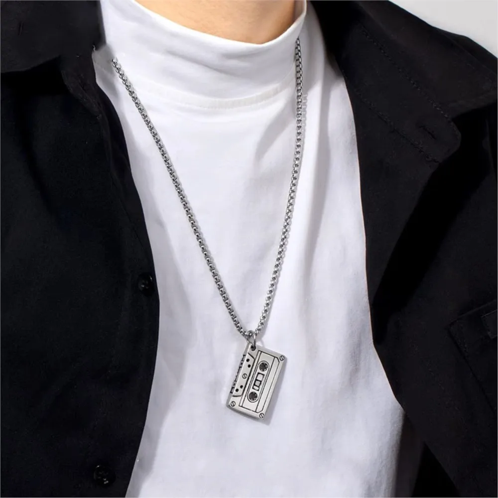 QIAMNI kaseta magnetofonowa naszyjnik Hip Hop Rock Vintage taśma magnetyczna impreza muzyczna wisiorek łańcuszkowy Choker biżuteria prezent dla mężczyzn kobiet — zdjęcie 4
