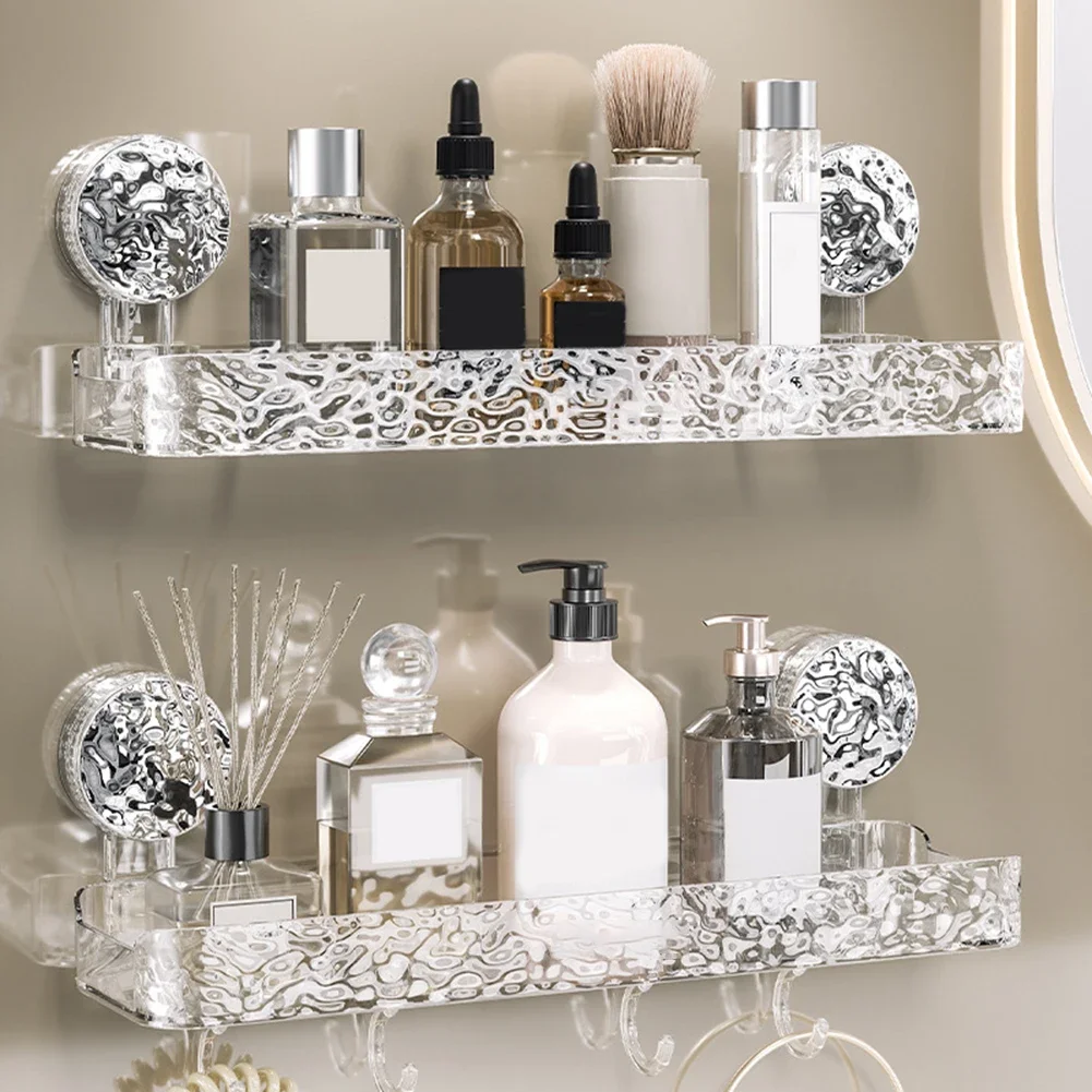 Light Luxury Style Glacier Pattern Suction Cup Shelf Punch-Wall Mounted Storage Rack Draining Basket Holder For Bathroom