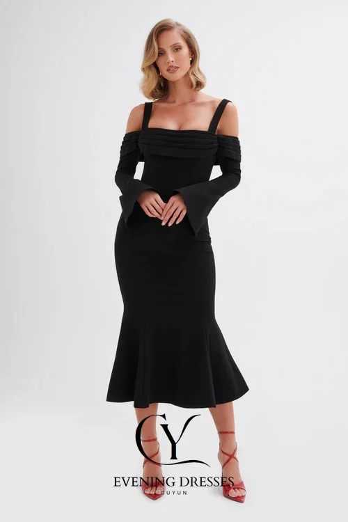 CUYUN-vestidos Midi de sirena negros para mujer, vestidos con hombros descubiertos y tirantes, vestido de fiesta largo hasta el té, vestidos formales de banquete personalizados