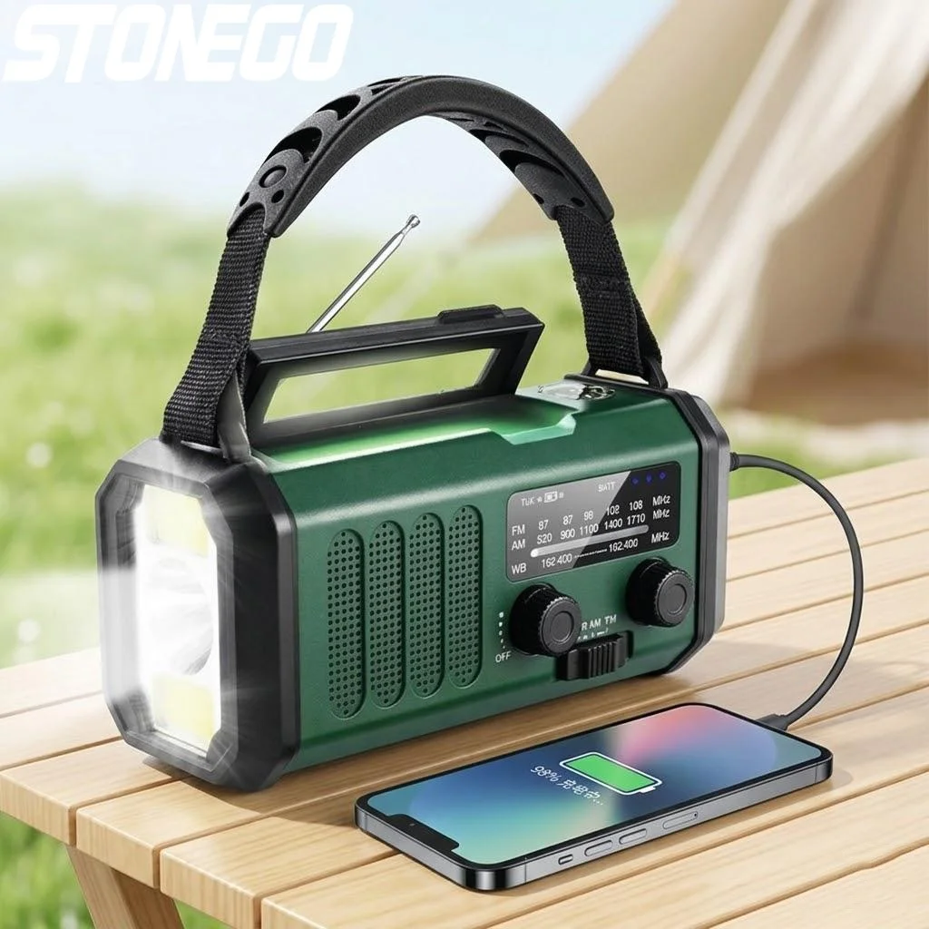 

Солнечная FM/AM-радиостанция с ручным зарядным устройством 10000 мАч, USB-C зарядкой, фонариком, SOS-сигналом, компасом — снаряжение для выживания на природе