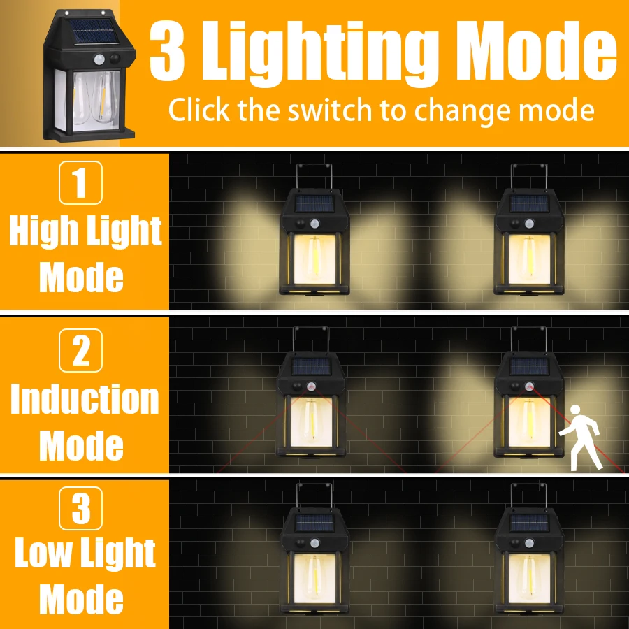 مصباح حائط التنغستن بالطاقة الشمسية LED خارجي مع مستشعر حركة IP65 ضوء أمان مقاوم للماء 3 أوضاع تركيب ضوء ليلي