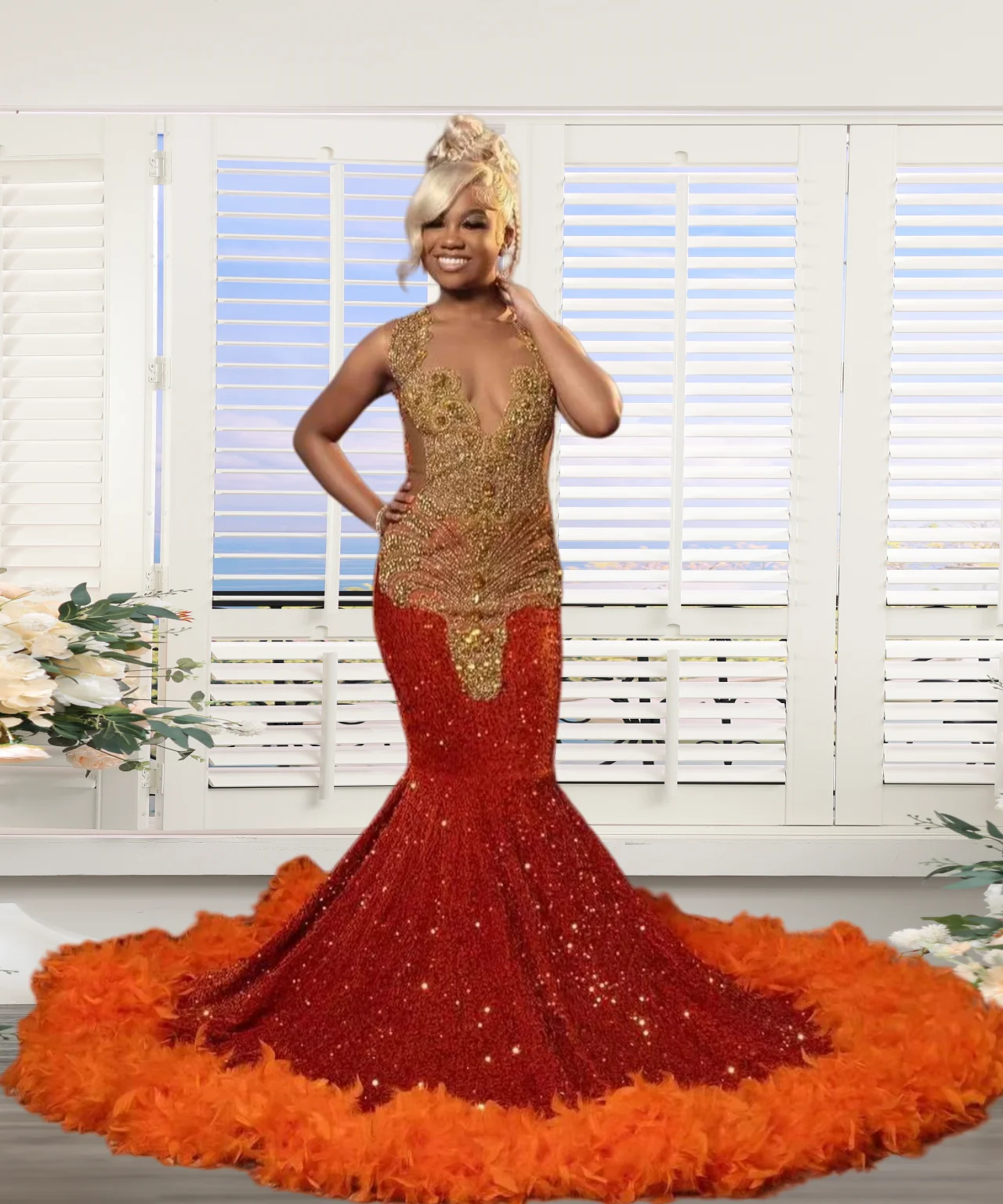 Orange Crystal Mermaid Prom Dresses Long for Women 2025 Sheer Crew Neckline Beaded Sparkly Sequins Formal Evening Gowns