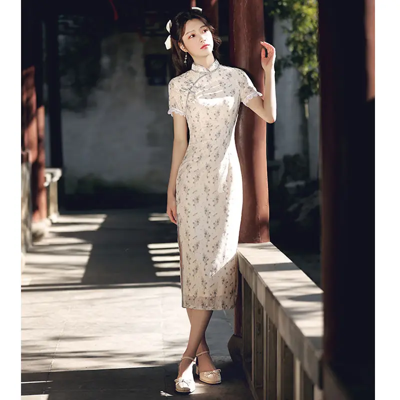 Cheongsam Young Girl 2022 New Elegant Cute Chinese Style Daily Floral Summer Mid-length Fresh Qipao Dress