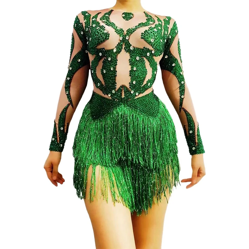 

Sexy Nightclub Bar DJ Dancer Stage Fringe Leotard Green Diamond Tassel Tight Bodysuit Latin Pole Dance Performance Bodysuit