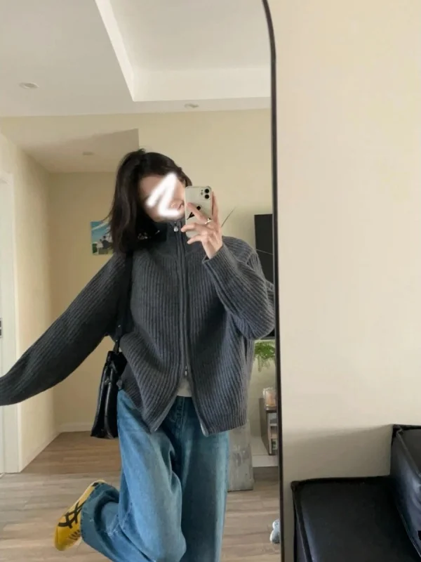 

Ретро-кардиган вязаный женский свободного кроя с двойной молнией и высоким воротником, топ для весеннего сезона, повседневный стиль