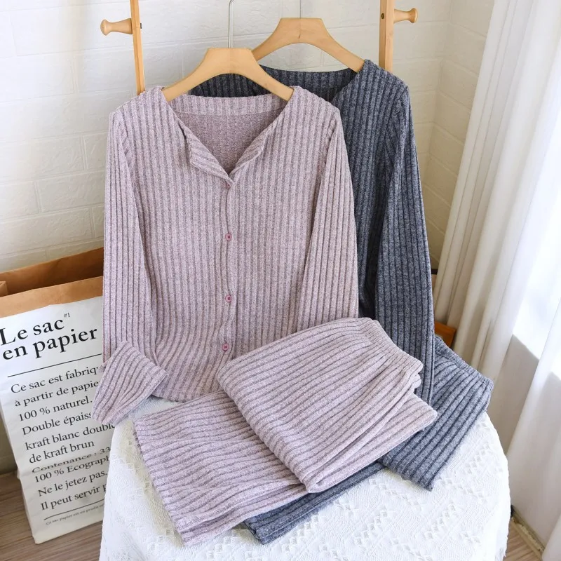 

2025 Autumn/Winter New Women's Pajama Set Long Sleeve Long Pants Two Piece Set Solid German Velvet Warm Thick Home Clothes